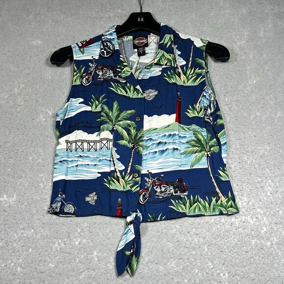 VTG Harley Davidson Hawaiian Shirt SMALL Motorcycles Sleeveless Biker Made USA - Picture 1 of 11